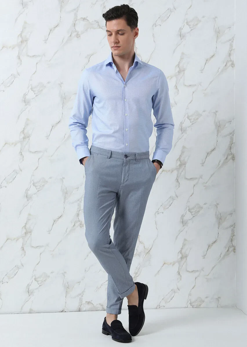 Blue Plain Regular Fit Weaving Classical 100% Cotton Shirt - 1