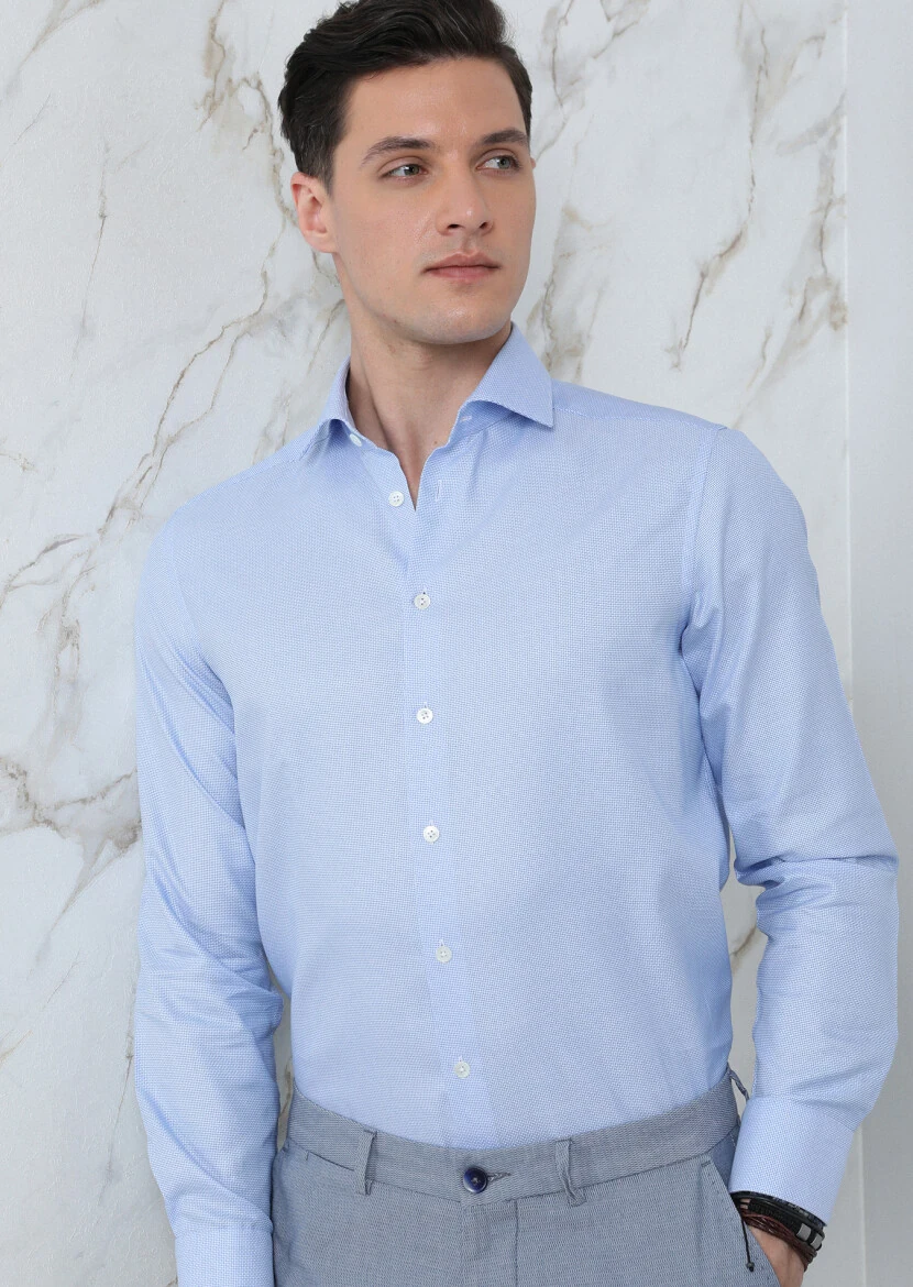 Blue Plain Regular Fit Weaving Classical 100% Cotton Shirt - 2
