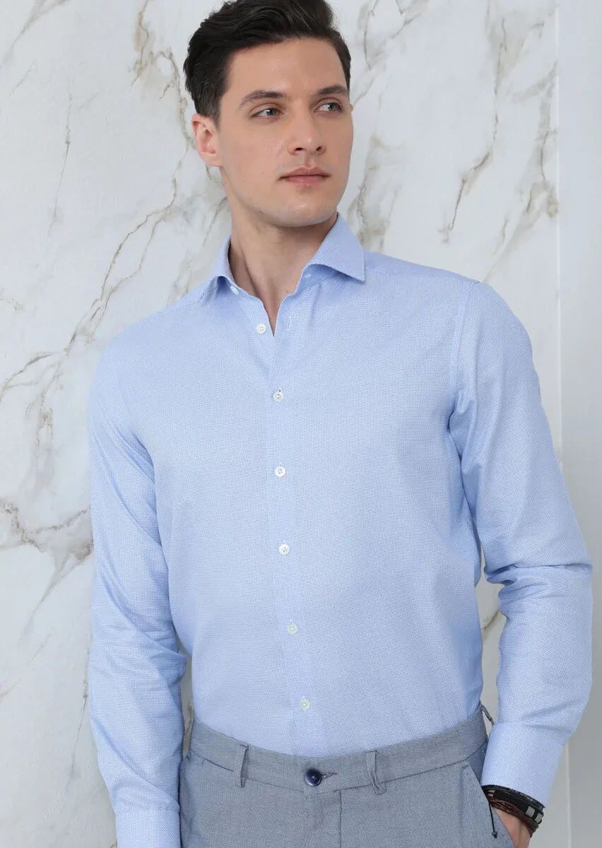 Blue Plain Regular Fit Weaving Classical 100% Cotton Shirt - 2