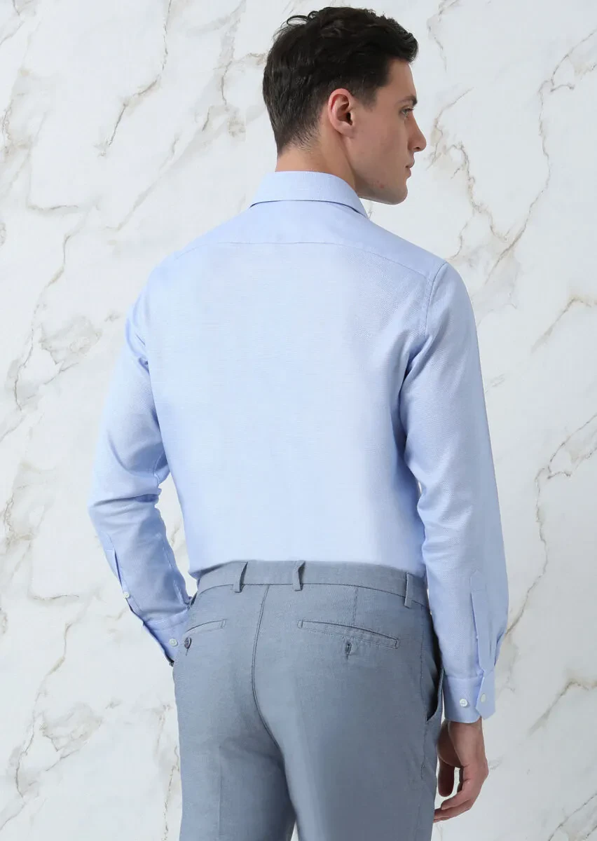 Blue Plain Regular Fit Weaving Classical 100% Cotton Shirt - 5