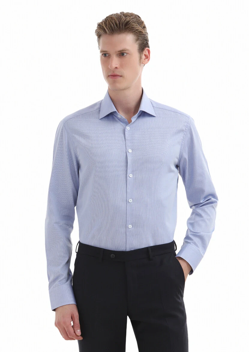 Blue Plain Regular Fit Weaving Classical 100% Cotton Shirt 