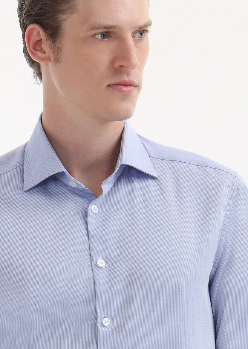 Blue Plain Regular Fit Weaving Classical 100% Cotton Shirt - 3