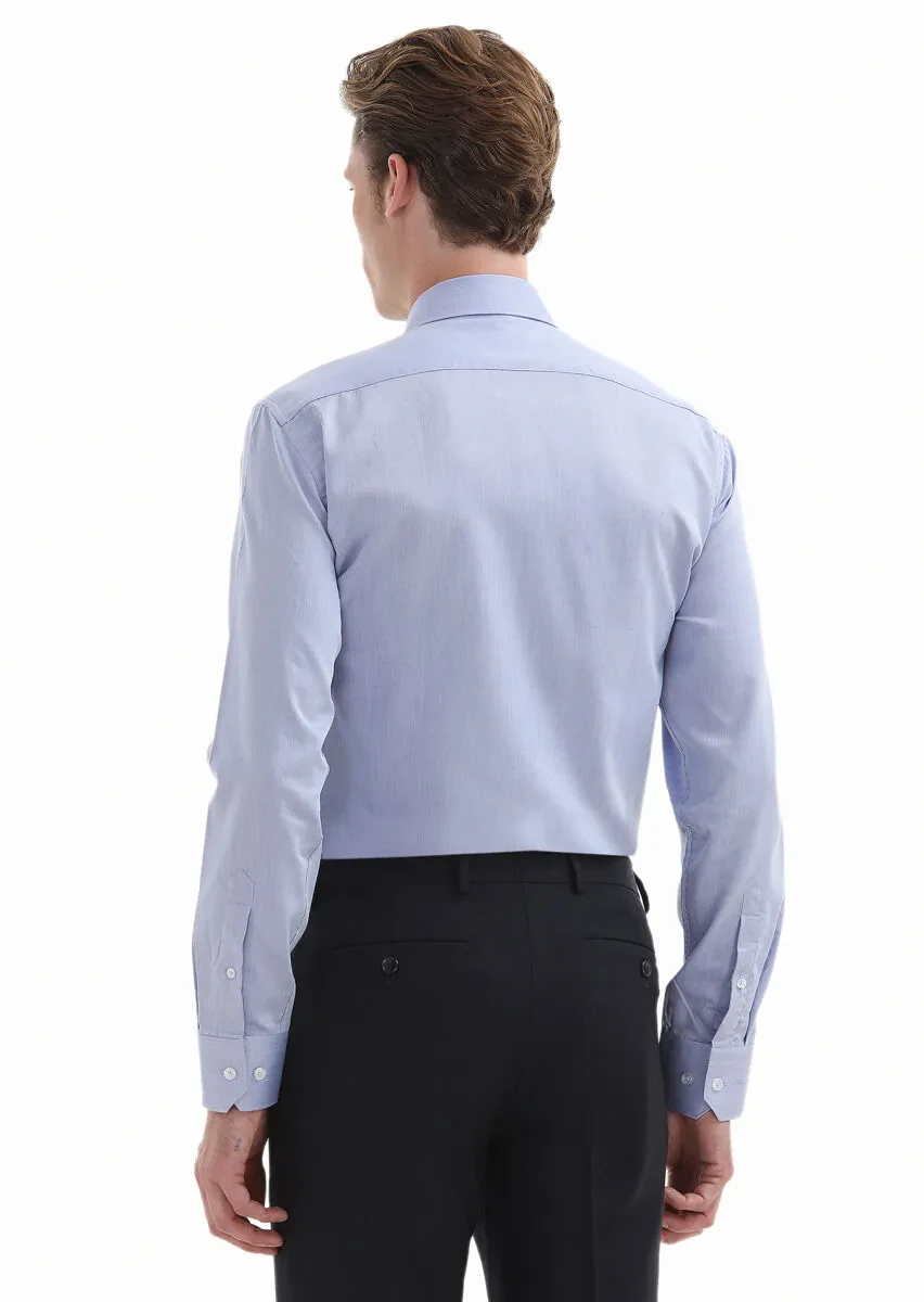 Blue Plain Regular Fit Weaving Classical 100% Cotton Shirt - 4