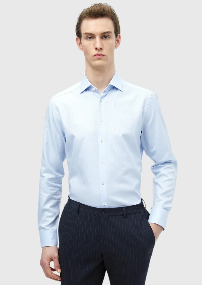 Blue Plain Regular Fit Weaving Classical 100% Cotton Shirt - RAMSEY