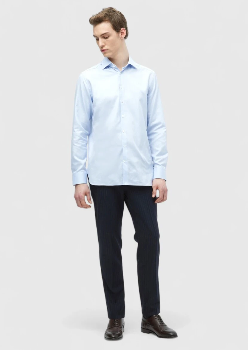 Blue Plain Regular Fit Weaving Classical 100% Cotton Shirt - RAMSEY