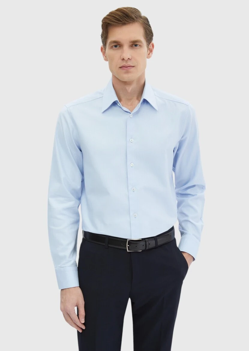 Blue Plain Regular Fit Weaving Classical 100% Cotton Shirt - RAMSEY