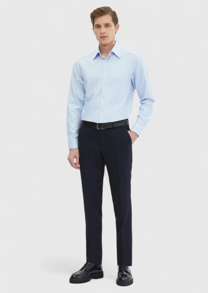 Blue Plain Regular Fit Weaving Classical 100% Cotton Shirt - RAMSEY