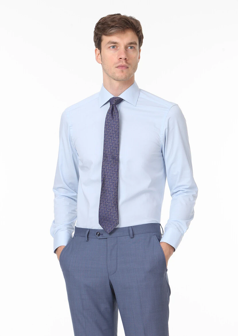 Blue Plain Regular Fit Weaving Classical Cotton Blended Shirt - 1