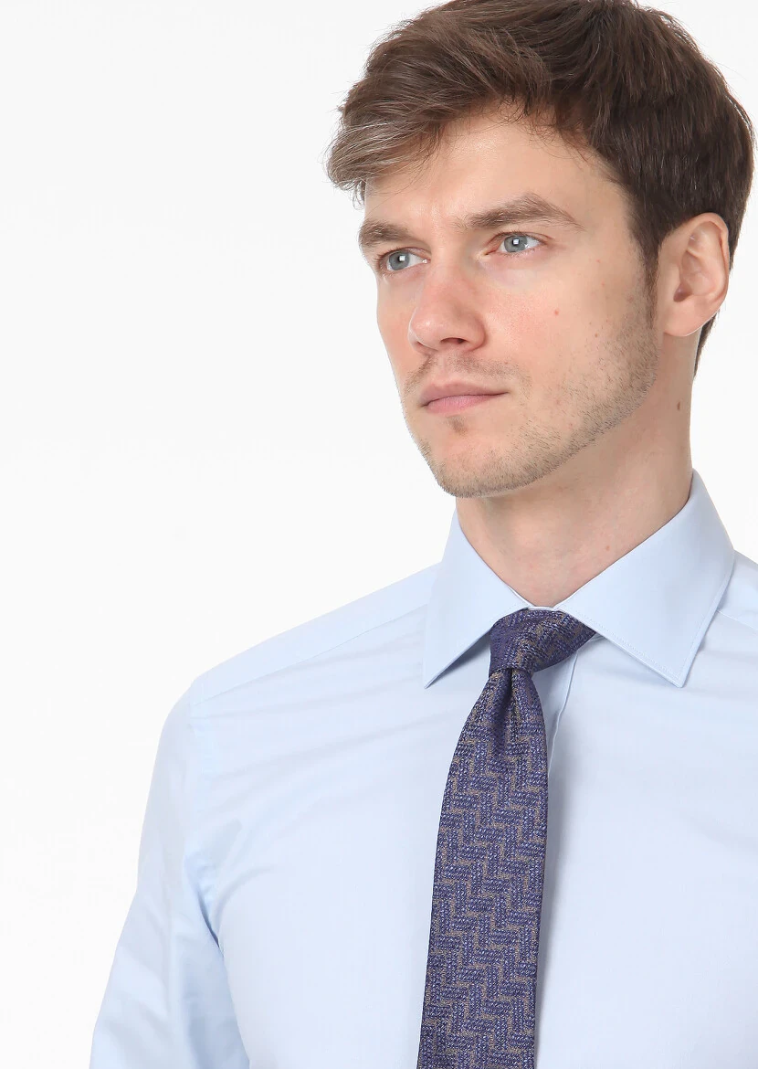 Blue Plain Regular Fit Weaving Classical Cotton Blended Shirt 