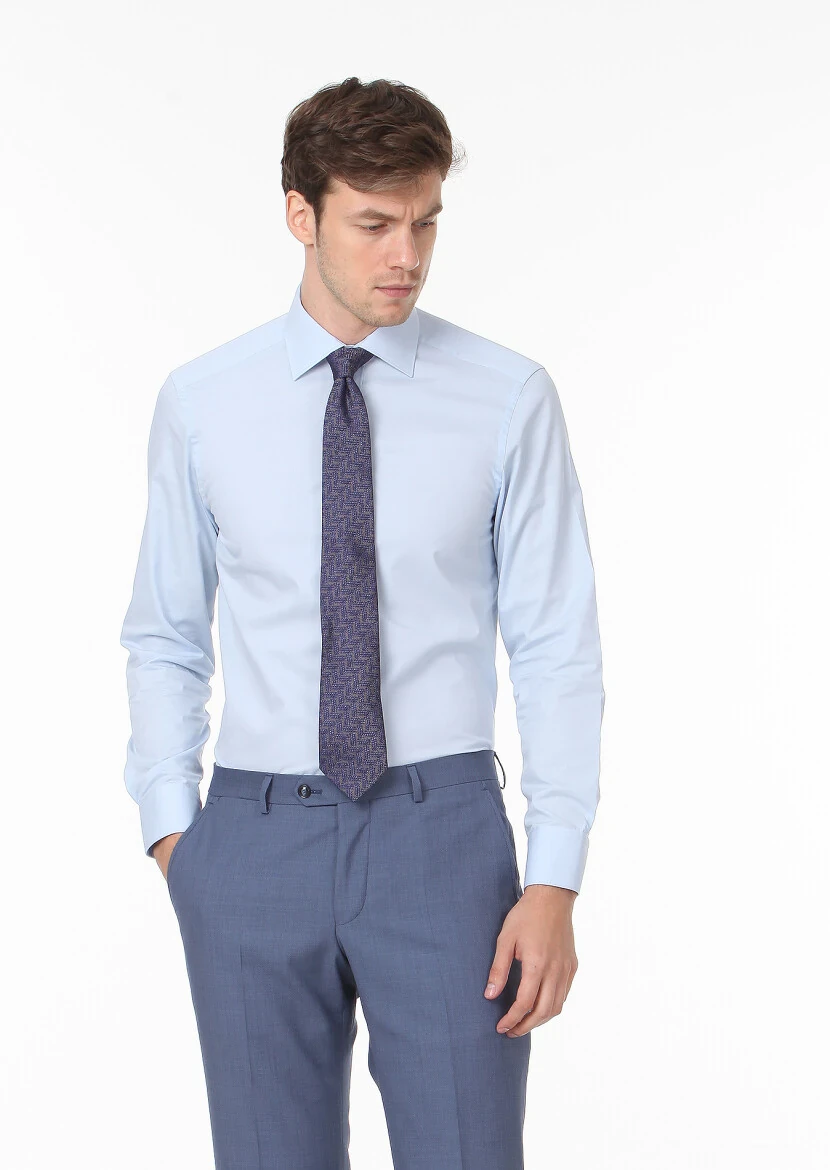 Blue Plain Regular Fit Weaving Classical Cotton Blended Shirt - 3