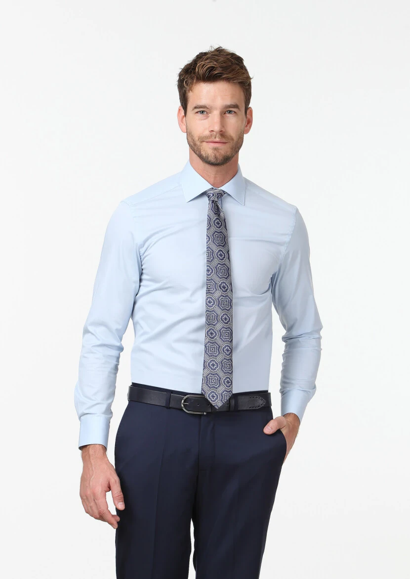 Blue Plain Regular Fit Weaving Classical Cotton Blended Shirt - RAMSEY