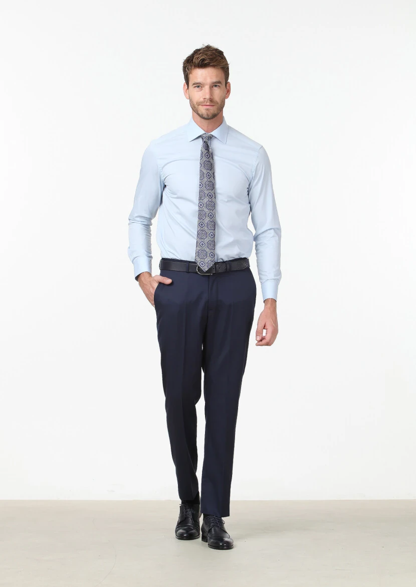 Blue Plain Regular Fit Weaving Classical Cotton Blended Shirt - RAMSEY