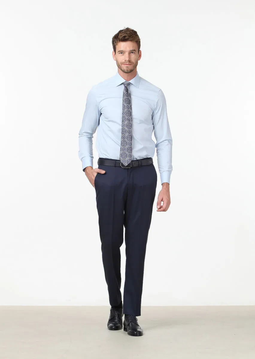 Blue Plain Regular Fit Weaving Classical Cotton Blended Shirt - 2