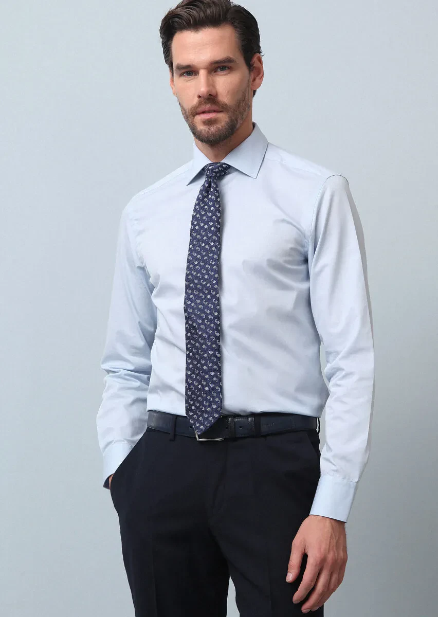 Blue Plain Regular Fit Weaving Classical Cotton Blended Shirt - 1