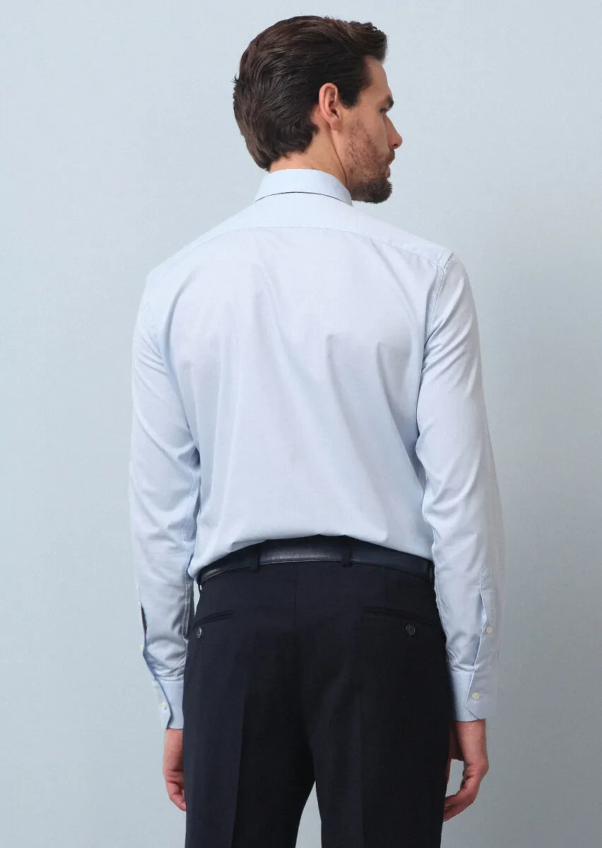 Blue Plain Regular Fit Weaving Classical Cotton Blended Shirt - 5