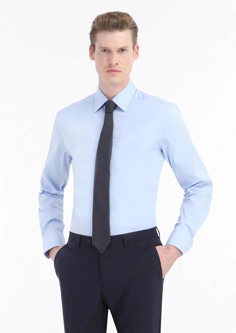 Blue Plain Regular Fit Weaving Classical Cotton Blended Shirt 