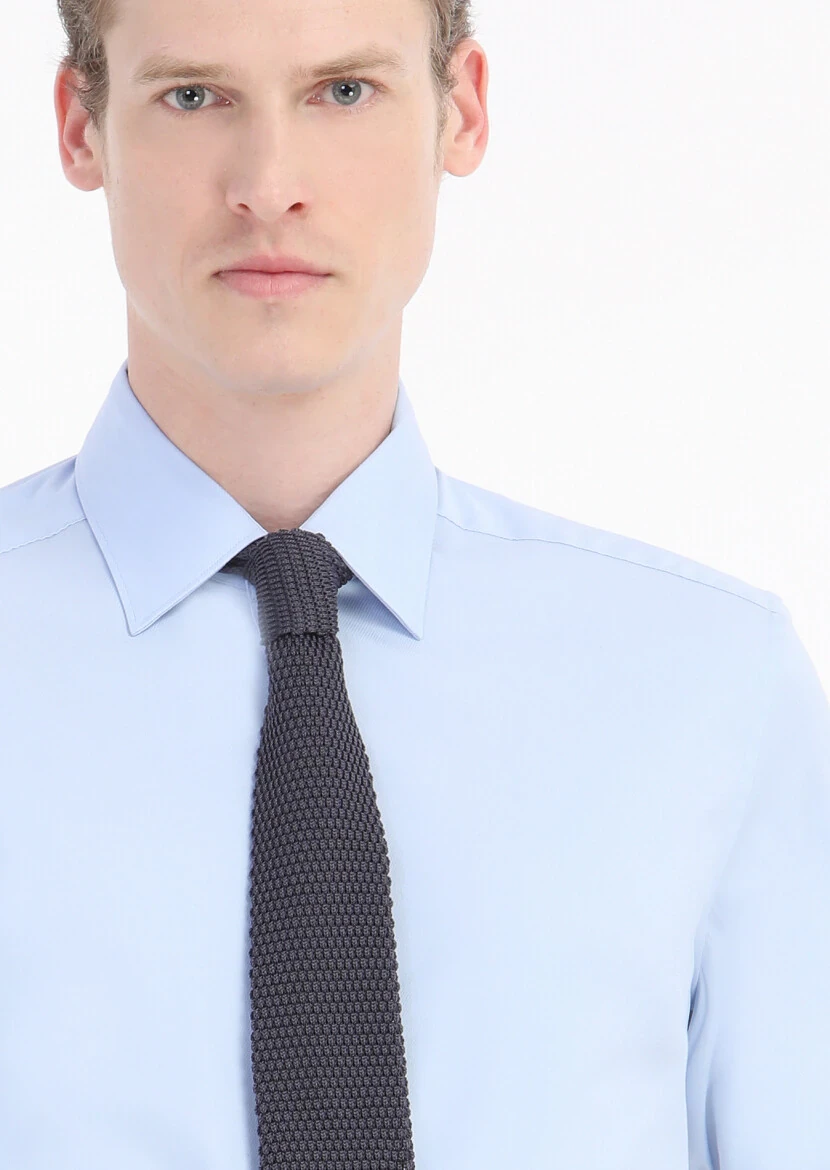 Blue Plain Regular Fit Weaving Classical Cotton Blended Shirt - 3