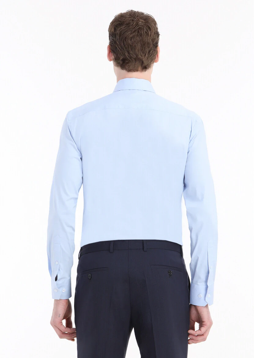 Blue Plain Regular Fit Weaving Classical Cotton Blended Shirt - 4