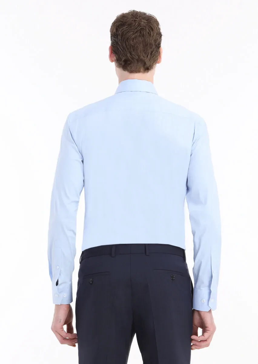 Blue Plain Regular Fit Weaving Classical Cotton Blended Shirt - 4