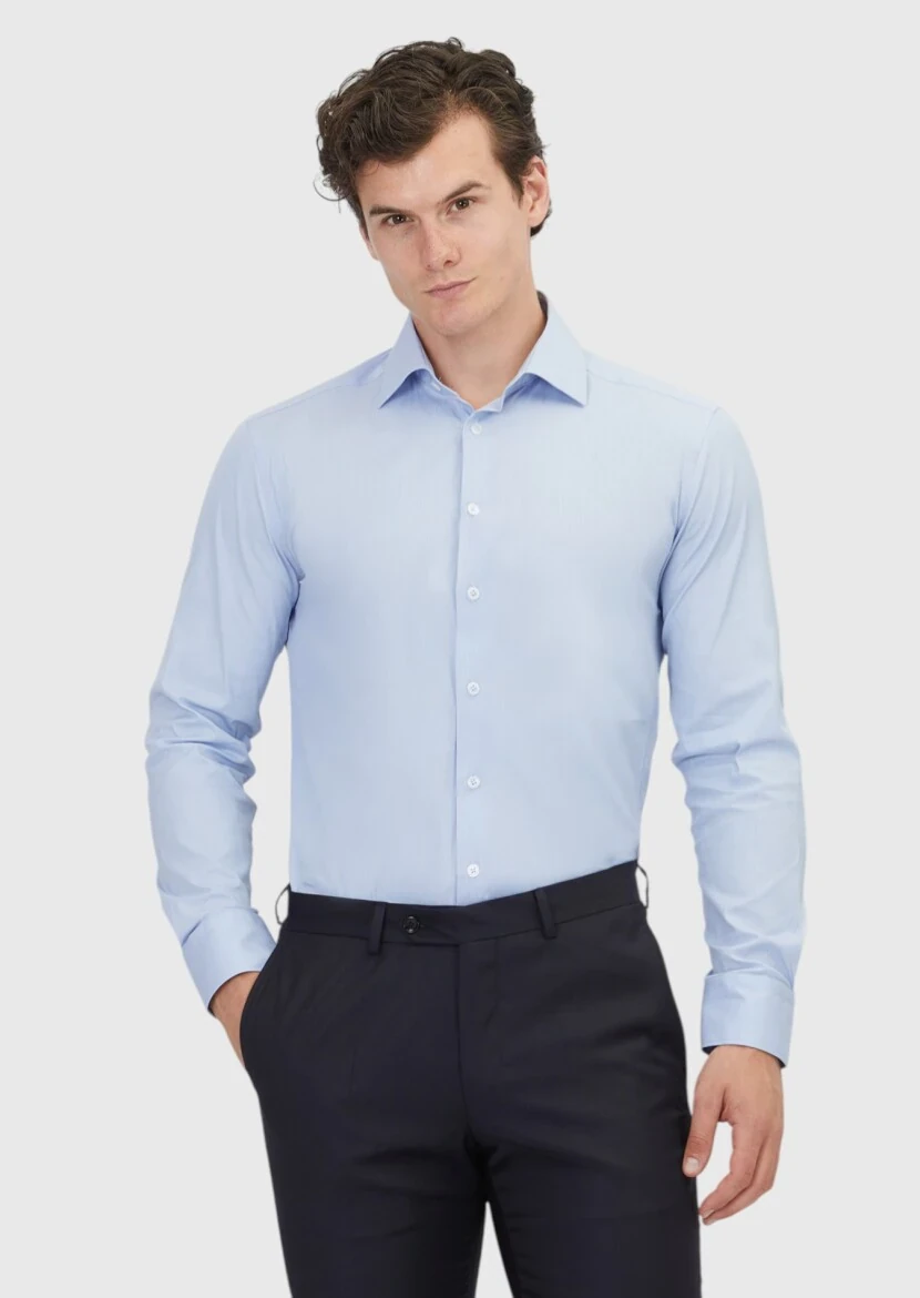 Blue Plain Regular Fit Weaving Classical Cotton Blended Shirt - RAMSEY