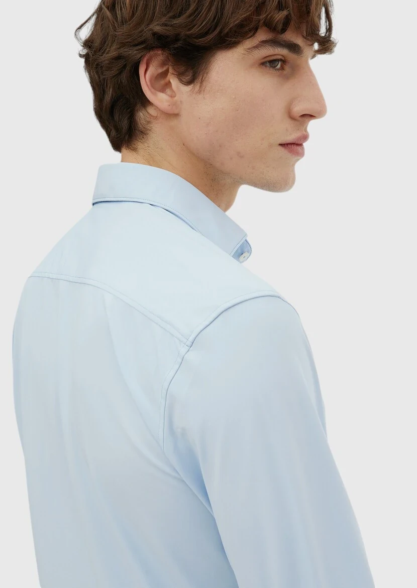 Blue Plain Regular Fit Weaving Classical Shirt - 4