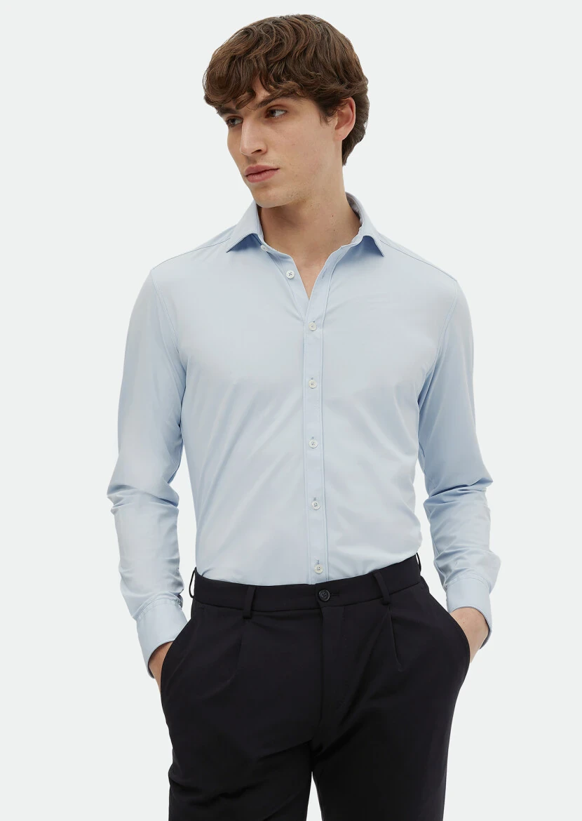 Blue Plain Regular Fit Weaving Classical Shirt - 1