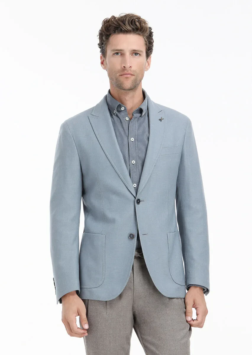 Blue Plain Shirt Shoulder Slim Fit Wool Blended Jacket - 2