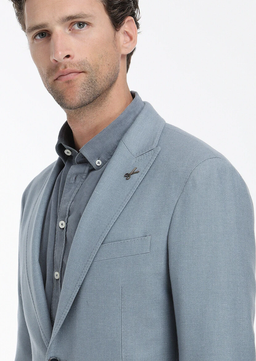 Blue Plain Shirt Shoulder Slim Fit Wool Blended Jacket - 4