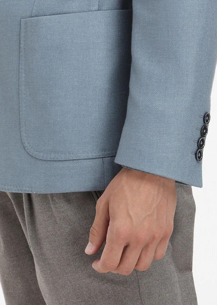 Blue Plain Shirt Shoulder Slim Fit Wool Blended Jacket - 5