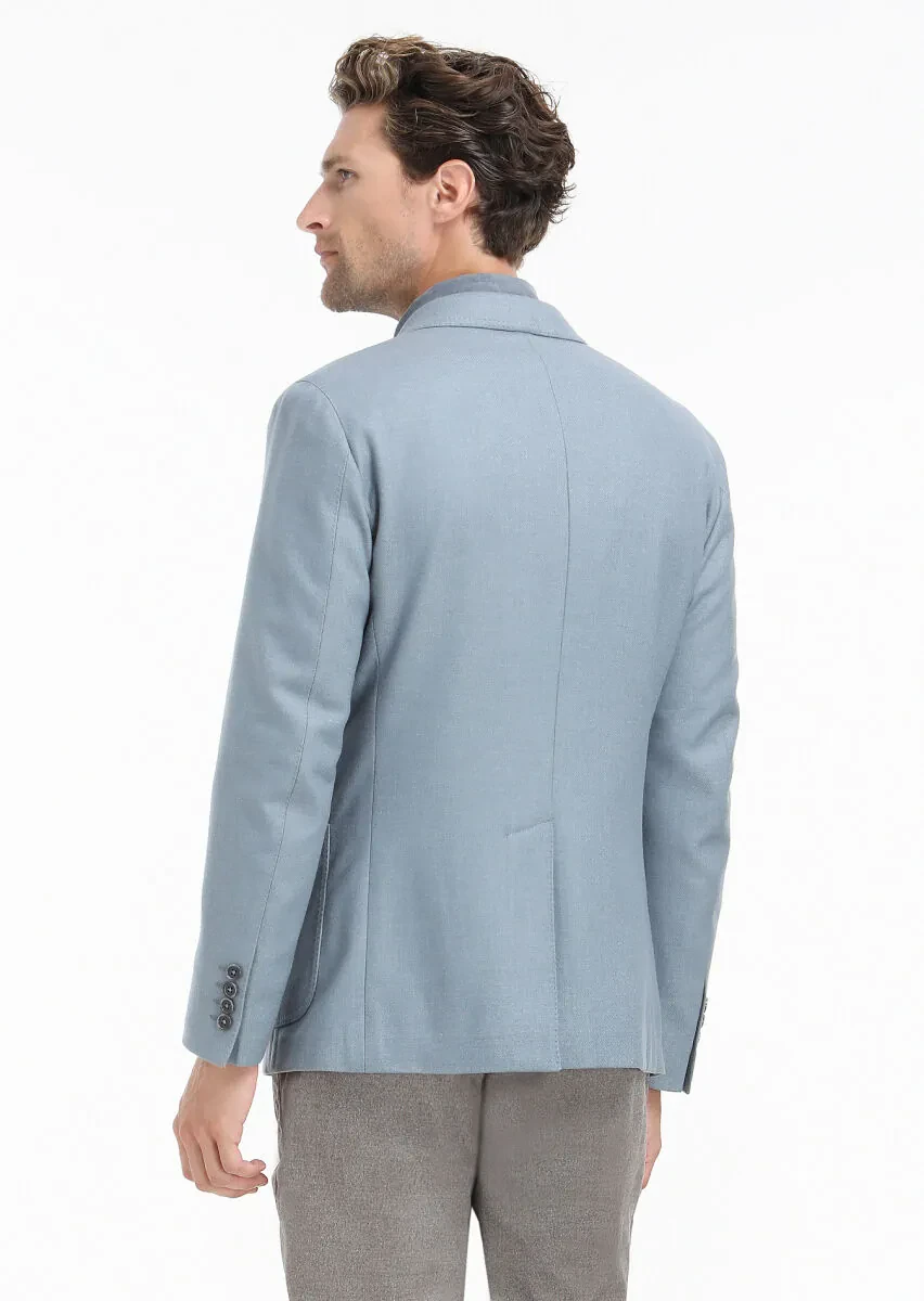 Blue Plain Shirt Shoulder Slim Fit Wool Blended Jacket - 7