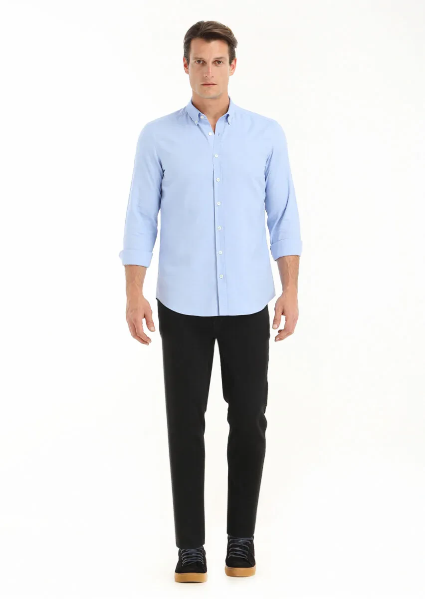 Blue Plain Slim Fit Weaving Casual 100% Cotton Shirt - 1