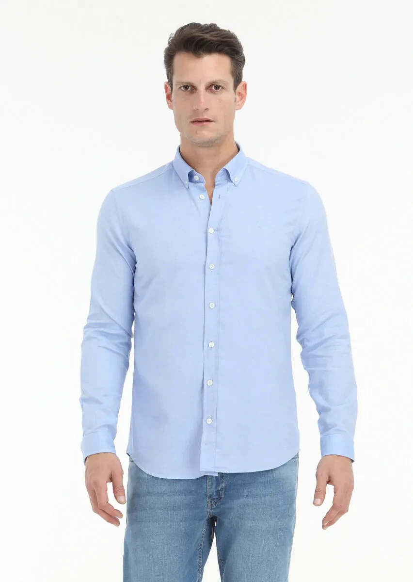 Blue Plain Slim Fit Weaving Casual 100% Cotton Shirt - 2