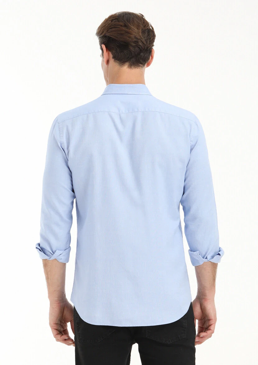 Blue Plain Slim Fit Weaving Casual 100% Cotton Shirt - 4
