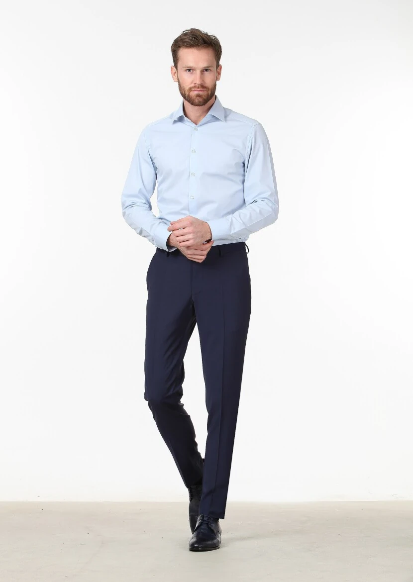 Blue Plain Slim Fit Weaving Classical Cotton Blended Shirt - RAMSEY