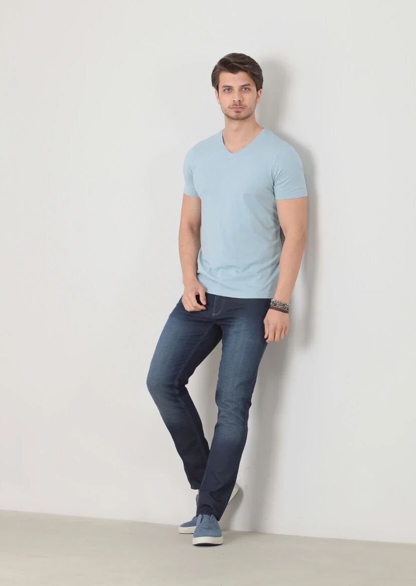 Blue Plain V-Neck 100% Cotton T-Shirt - 1