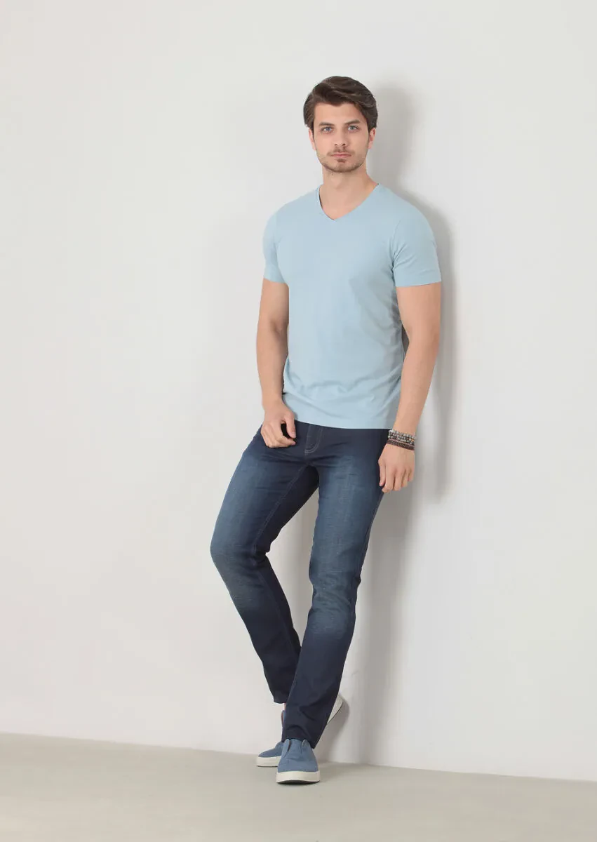 Blue Plain V-Neck 100% Cotton T-Shirt - 1