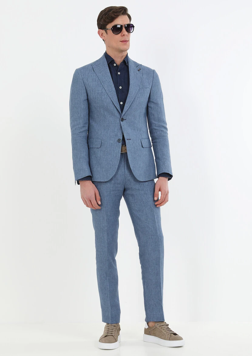 Blue Plain Zeroweight Slim Fit 100% Linen Suit - 1