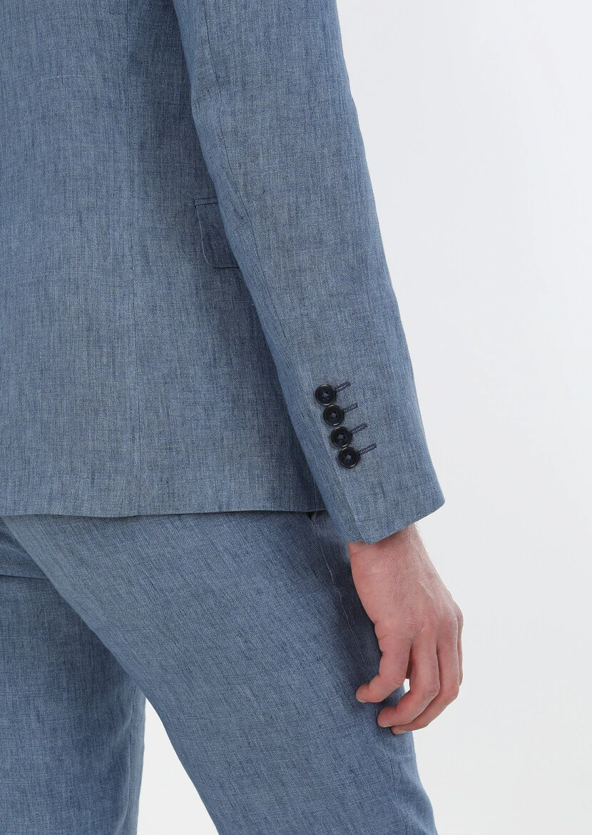 Blue Plain Zeroweight Slim Fit 100% Linen Suit - 5