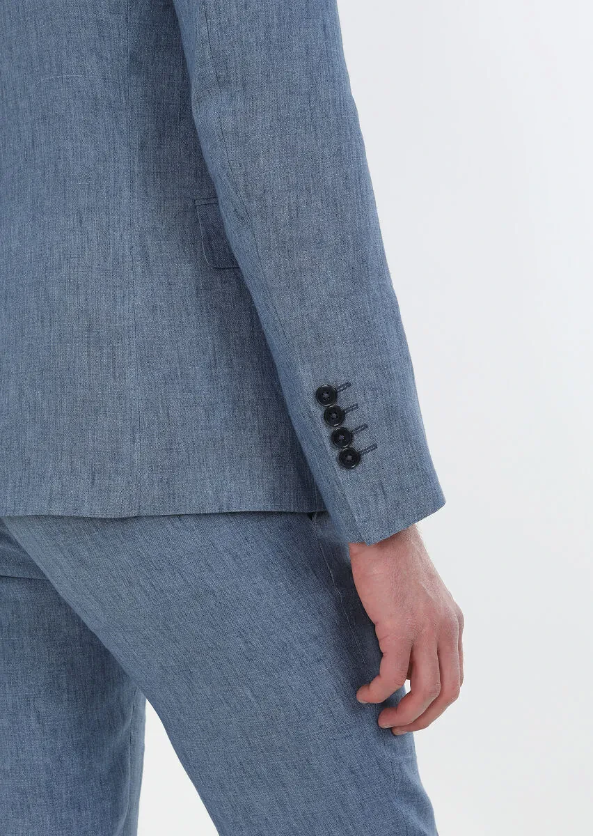 Blue Plain Zeroweight Slim Fit 100% Linen Suit - 5