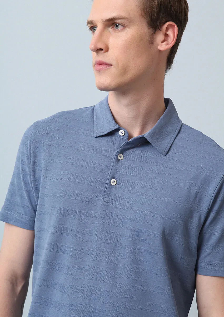 Blue Polo Neck 100% Cotton T-Shirt - 3