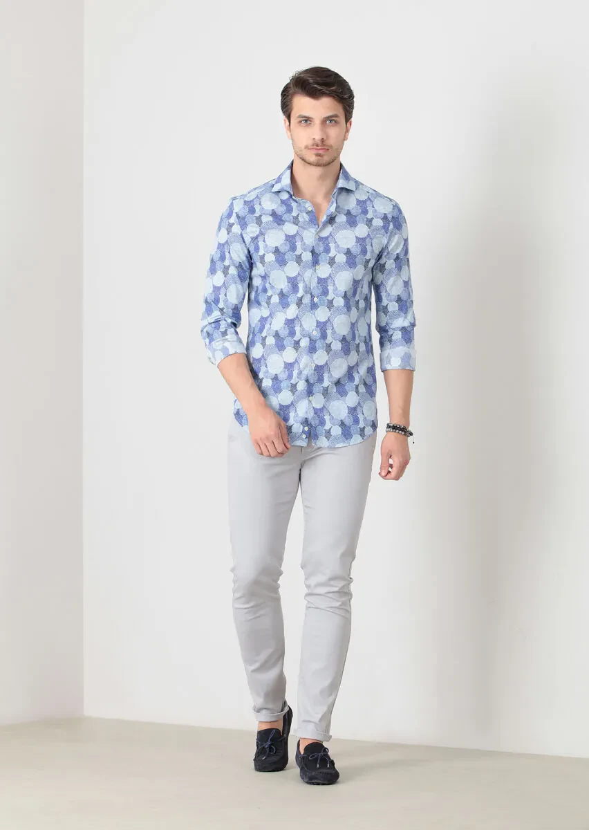 Blue Printed Fitted Fit Weaving Casual 100% Cotton Shirt - 1