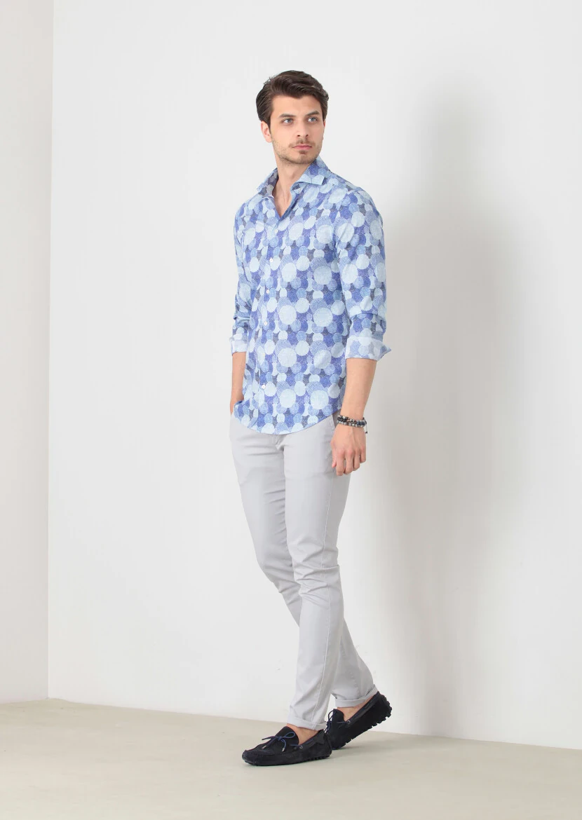Blue Printed Fitted Fit Weaving Casual 100% Cotton Shirt - 2