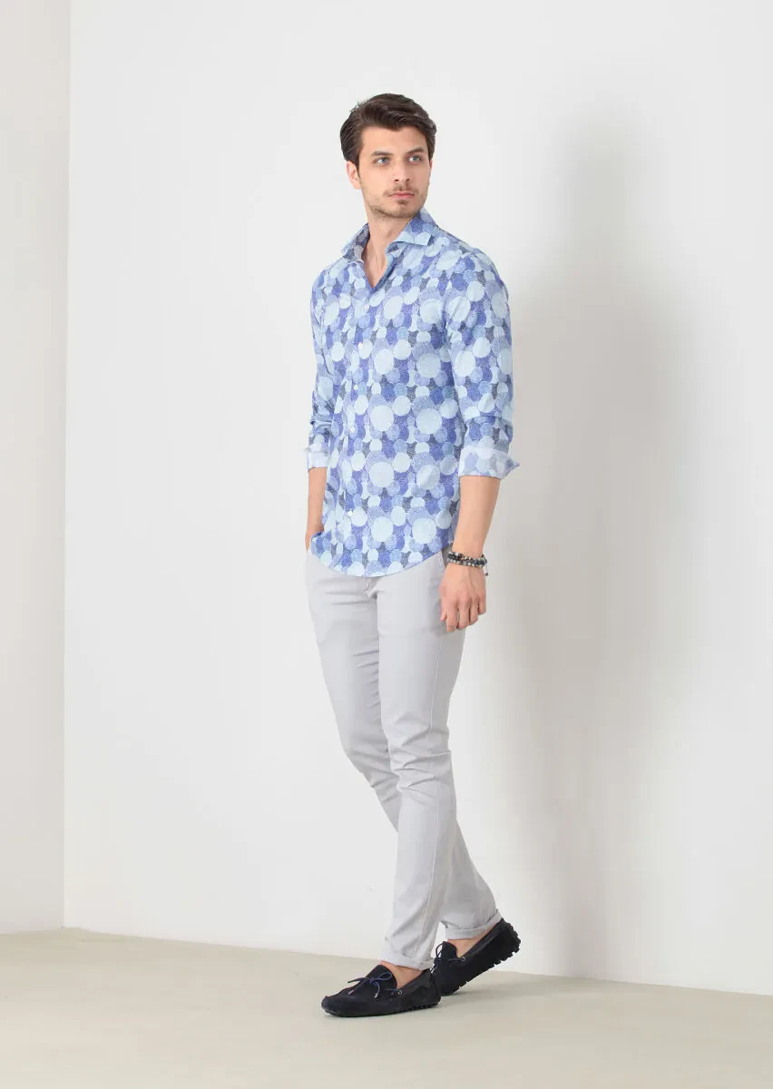 Blue Printed Fitted Fit Weaving Casual 100% Cotton Shirt - 2