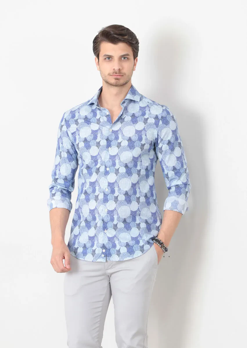 Blue Printed Fitted Fit Weaving Casual 100% Cotton Shirt - 3
