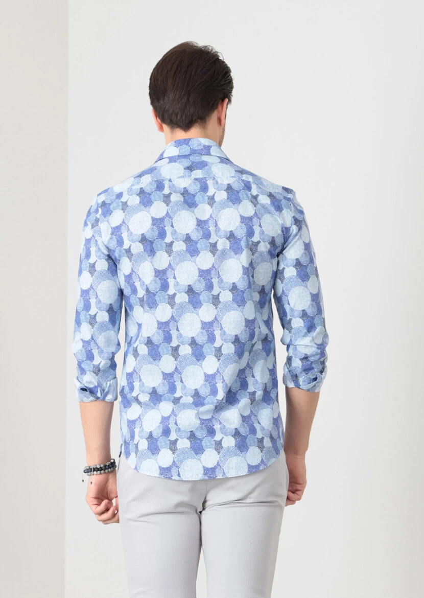 Blue Printed Fitted Fit Weaving Casual 100% Cotton Shirt - 5