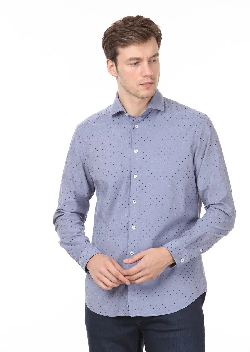 Blue Printed Regular Fit Weaving Casual 100% Cotton Shirt - 1