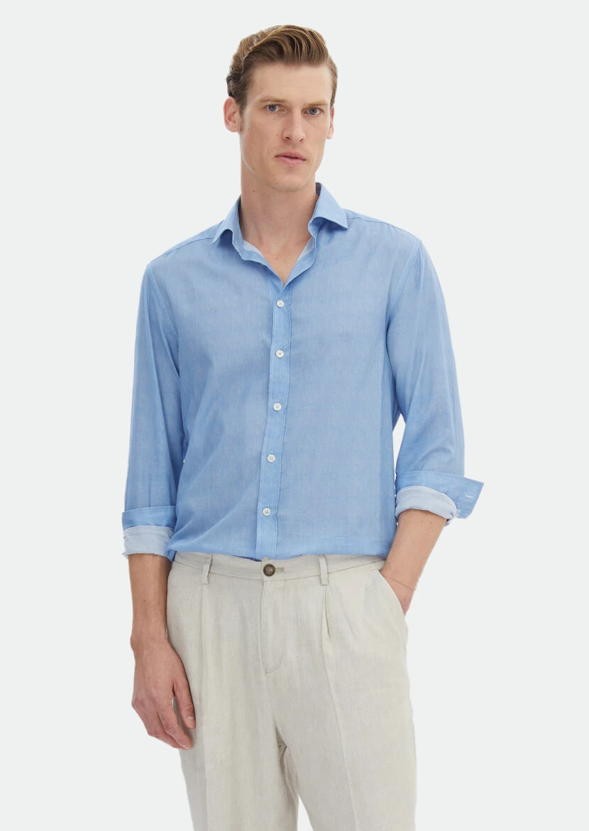 Blue Printed Regular Fit Weaving Casual 100% Cotton Shirt 