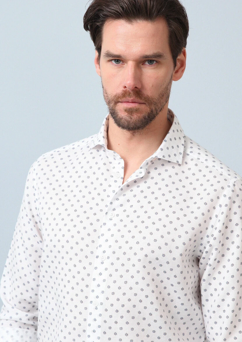 Blue Printed Regular Fit Weaving Casual Cotton Blended Shirt 