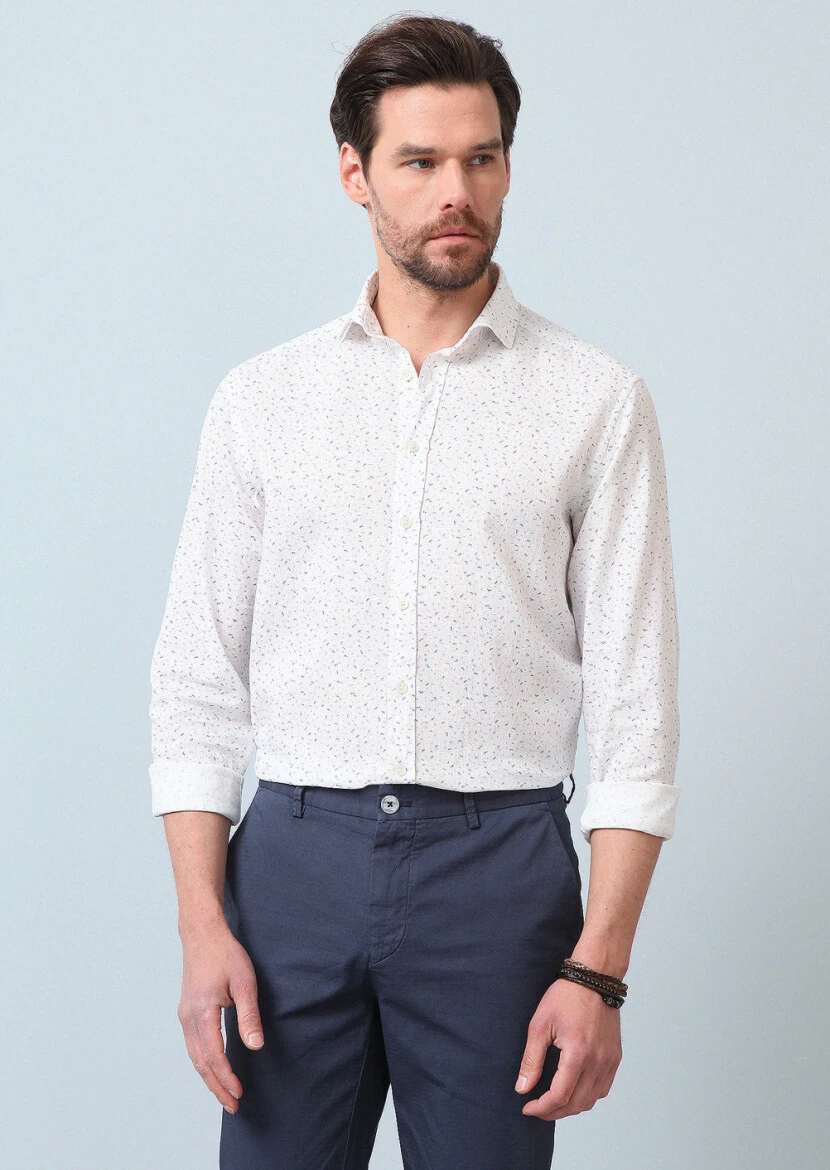 Blue Printed Regular Fit Weaving Casual Cotton Blended Shirt - 5