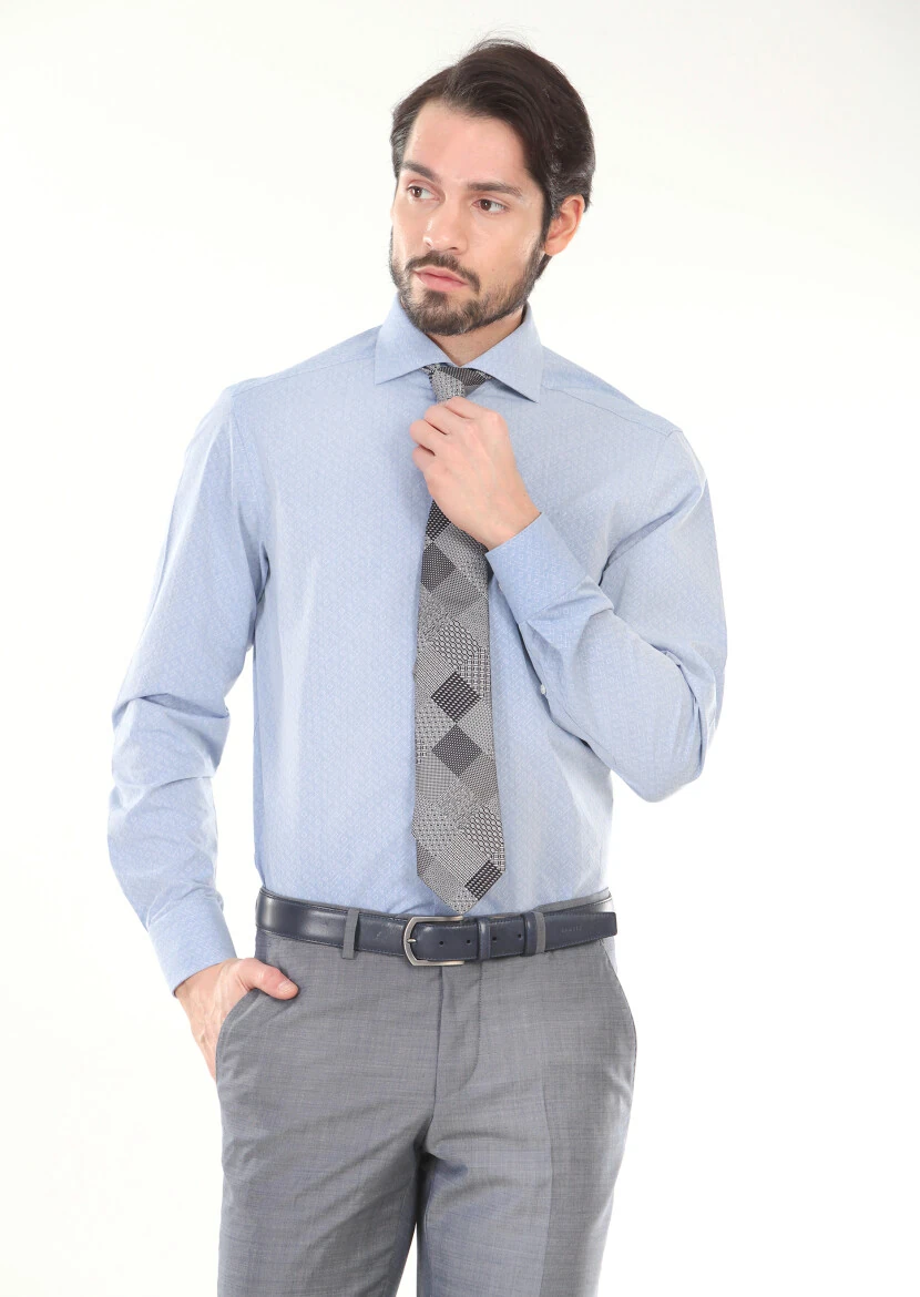 Blue Printed Regular Fit Weaving Classical 100% Cotton Shirt - 1